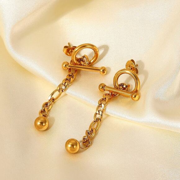 T Bar Detachable Ball Pendant Chain Earrings 18K‎ Gold Plated Stainless Steel - Picture 7 of 9
